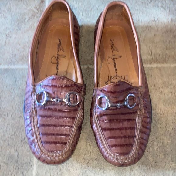 Martin Dingman Mens Brown Leather Alligator Grain Horse bit buckle Driver Loafer - Picture 2 of 10